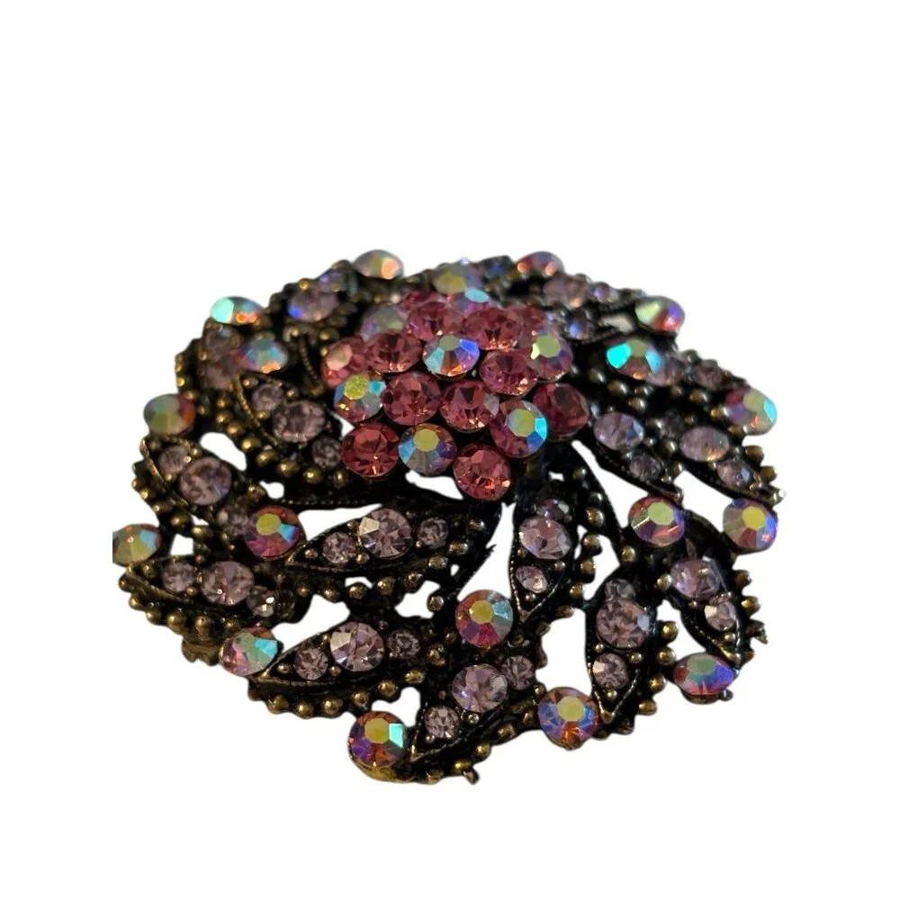 VTG Layered Flower Brooch Pin Pendant‎ Cluster Pink AB Rhinestones Spiral Domed